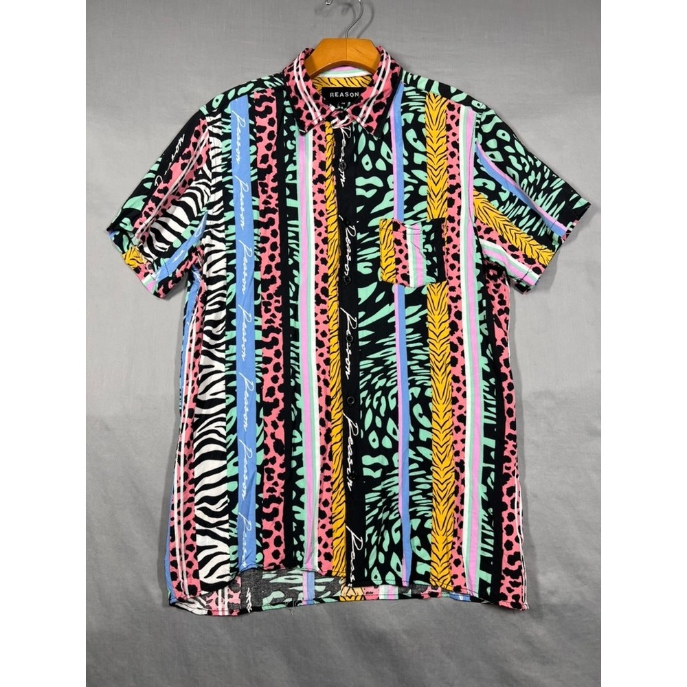 Reason Vintage 80s Mens Psychedelic Animal Print Striped Button Up Streetwear M